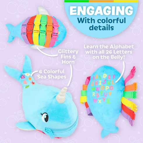 Buckle Toys - Bubbly Narwhal - Develop Fine Motor Skills - Sensory Learning Activity Toys - Toddler Plane Travel