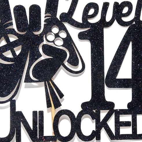 Cos mos Video Game Level 14 Unlocked Birthday Cake Topper - Black Glitter for Boys 14th Birthday Decorations
