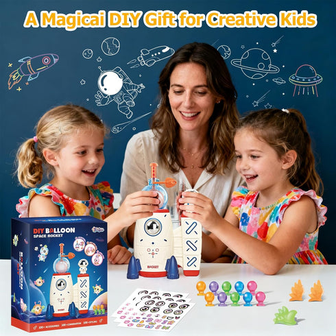 Ages3+ Magical Toy DIY Rocket Balloon Craft Kit for Kids, Creative Sticker Maker Activity with Air Pump, Build Your Own