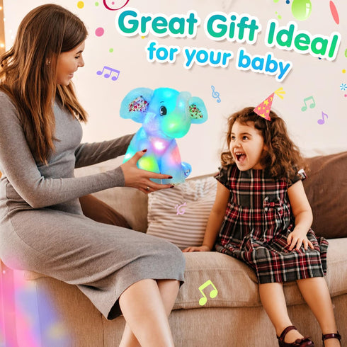 BSTAOFY 12‘’ Musical Light Up Elephant Plush Toy, Blue LED Stuffed Animal Nightlight for Kids Birthday