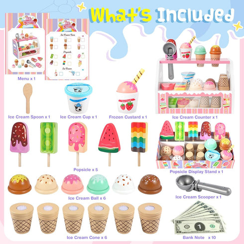 Counter Playset 3 4 5 6 7 8 Loscola Ice Cream Toy, Wooden Ice Cream Toys for Kids Toddlers, Pretend Play Kitchen Food