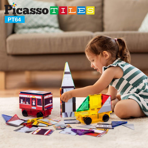 64pc Set 3-in-1 3+ PT64 PicassoTiles Magnetic Tiles Building Blocks STEM Toy for Kids Rocket Train School Bus Theme