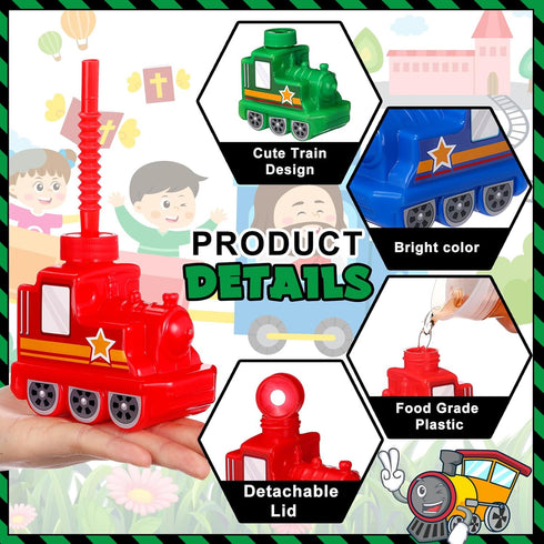 12 Sets 10 oz Tanlade Train Cups for Kids Bulk Plastic Traffic Vehicle Shape Cup with Straw Train Birthday Party