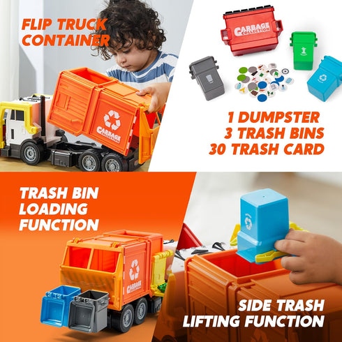 Set, JOYIN Large Friction Powered Garbage Truck Toy Includes Dumpster, Trash Bins, and Learning Cards for Kids, Orange
