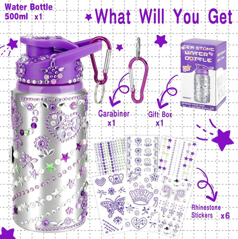 DIY Decorate Your Own Water Bottle for Girls, Gift for Kids, Purple Arts and Crafts Kits, Back to School Supplies