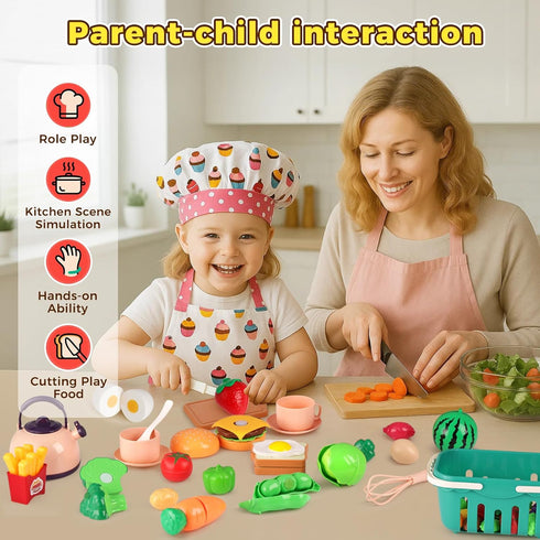 59PCS Set LovesTown Play Kitchen Accessories with Basket, Pink Pretend Play Food for Kids with Pots Pans Tableware