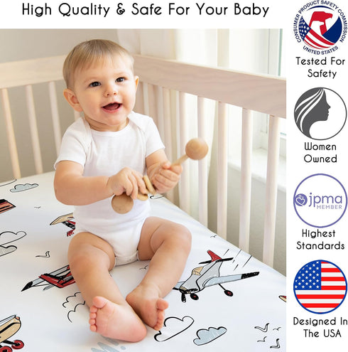 2-Piece Set Sweet Jojo Designs Baby Crib Sheets (Vintage Airplane) for Boys, Infant Nursery, Toddler Room - Fitted