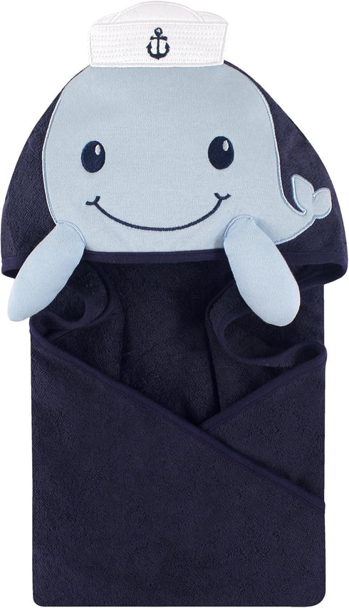 Little Treasure Unisex Baby Cotton Animal Face Hooded Towel, Sailor Whale, One