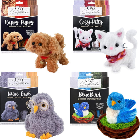 WeVeel Cozy Craftworks Chenille Stem Animal Craft Kit for Adults Create 4