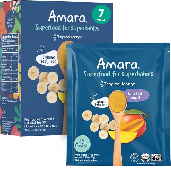 Amara Organic Baby Food - Stage 2 Tropical Mango - 7 Pouches, 3.5oz Each - Mix with Breastmilk, Water or Formula