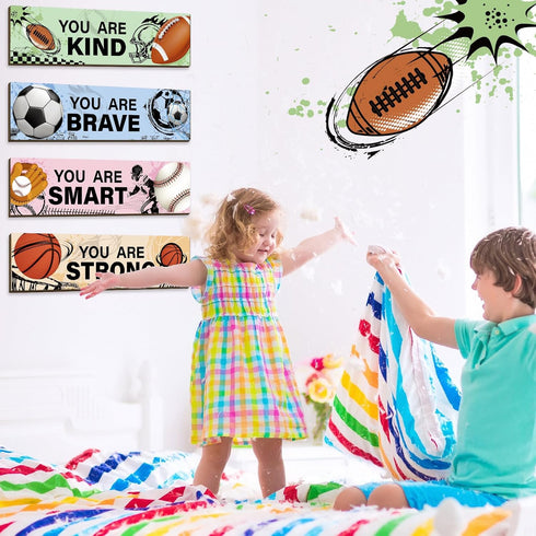 4 Geetery Pcs Sport Bedroom Wall Decor Boys Room Decor for Kids Soccer Basketball Baseball Football Wall Art