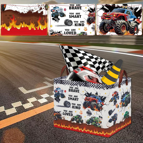 Monster Truck Storage Laundry Basket, Kid Room Decor for Boys,Rectangular Gift Bag Toy Box Shelf Basket ,Collapsible