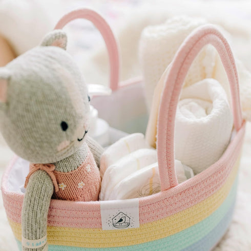 OrganiHaus Pastel Rainbow Nursery Storage Basket, Cotton Rope Toy & Diaper Caddy Organizer with Handles, Baby Diaper