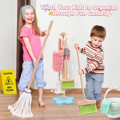 Set Set, 12 Playset 3 4 5 6 Lonico Wooden Kids Cleaning Toy for Toddlers Mop Broom and Dustpan Pcs Detachable