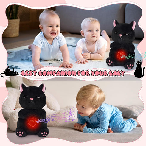 Breathing Stuffed Animal - Black Cat Plush Baby Toy, Soothing Sound Machine with Realistic Breathing Motion and Lights