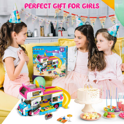 HOGOKIDS 3-in-1 Girls Camper Van Building Set, 494PCS Summer Beach Camping Blocks and Food Truck Toys