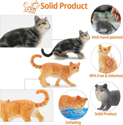 Toymany 8PCS Cat Figurines Set, Realistic Grey & Orange Cat Figures, Kitten Toys for Kids Birthday Gift