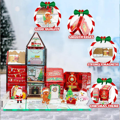 61 Set MAYAPHILOS PCS Christmas Magnetic Tiles with Storage Bag, Building Blocks with Santa, Snowman, Deer, Gingerbread