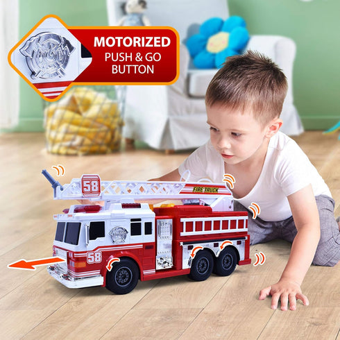 VEBO Fire Truck Motorized with Lights, Siren Sound, Working Water Pump, Rotating Rescue Ladder, Electric Fun Size 15"