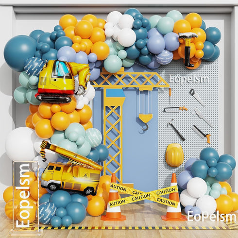 Construction Balloons Garland Arch Kit 155Pcs Yellow and Blue Balloons with Crane