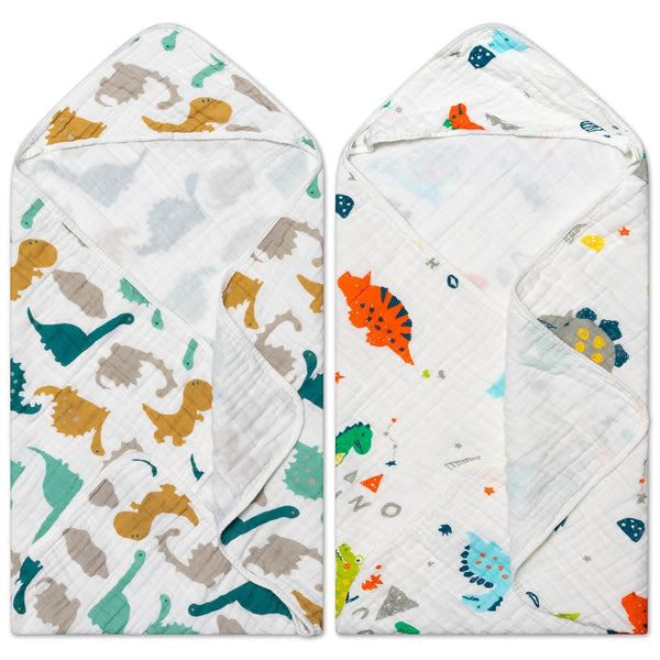 Zainpe 2Pcs Muslin Baby Hooded Towel Dinosaurs Pattern Soft Cotton Absorbent Bath