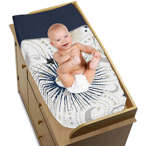 Sweet Jojo Designs Star and Moon Boy or Girl Baby Nursery Changing Pad Cover - Navy Blue, Gold, and Grey Celestial Sky