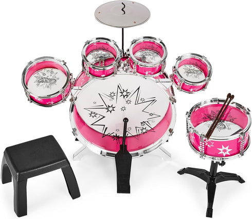 11-Piece Set Best Choice Products Kids Beginner Drum Kit, Musical Instrument Toy Drum for Music Practice w/ Bass, Toms