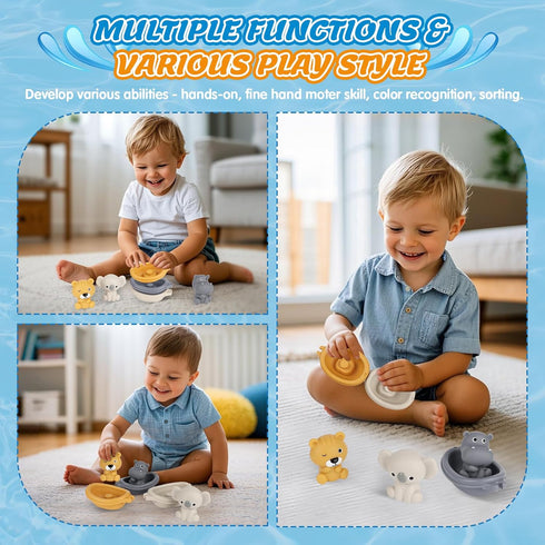 3 3 2-4 Bath Pool Toys for Toddler, Stacking Toy with Boat Sensory Finger Puppets, Toddler Toys Gifts for Year Old Boy