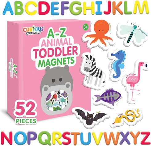 Curious Columbus Toddler Magnets – 52 Animal Fridge Magnets with 26 ABC Letters for Kids