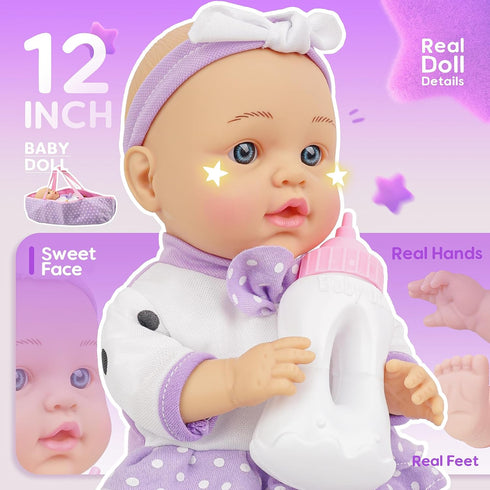 12" Playset 2+ SMILESSKIDDO Baby Doll with Accessories, Dolls with Washable Carrier Bassinet Bed, Bottle, Blanket