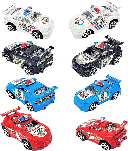Colorful Mini Police Toy Cars (12 Pack) (3") in Blue, Red, Black, and White, Plastic Winding Pull Back Racers