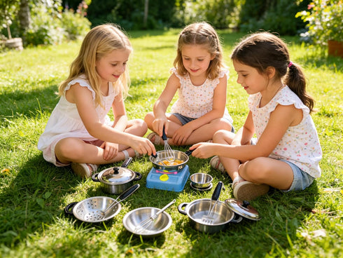 MAGIKON 17-Piece Set Miniature Toy Stainless Steel Pots and Pans , Pretend Play Kitchen Cooking Utensils Toy