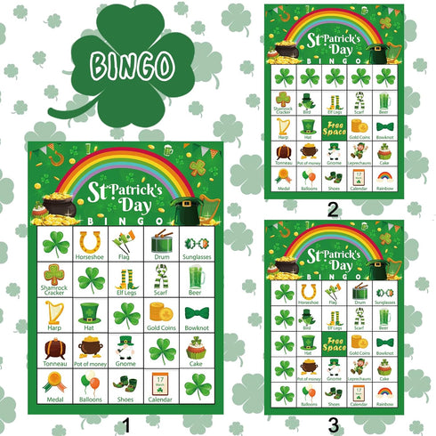 St Patrick's Day Bingo Games Cards for 24 Players, Irish Shamrock Bingo for Family School Classroom Activities