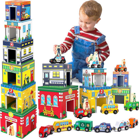 Community 1 2 3 Atoylink Toddler Sorting and Stacking Toys with Magnetic Wooden Cars & Helpers, Baby Number Blocks