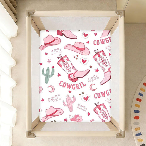 CZXW 52" 28" Pink Cowgirl Boots Crib Sheets Fitted x Natural Cotton Soft & Breathable for Baby Crib Mattress