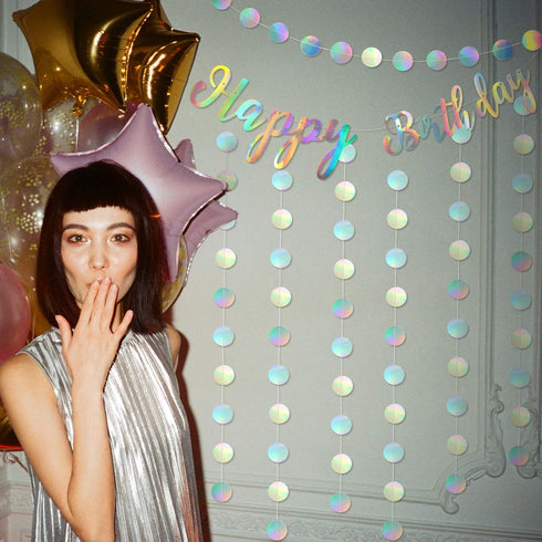 Zonon 9 Pcs Iridescent Party Decoration Disco Happy Birthday Banner, Rainbow Shiny Circle Garlands Holographic Hanging