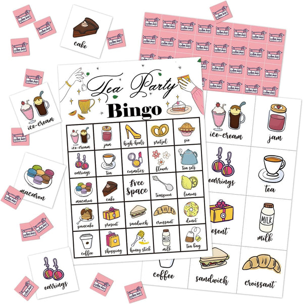 Tea Party Bingo Game, 24 Players Cards for Women Men Birthday Favors, Family Holiday Party Supplies Garden Decoration