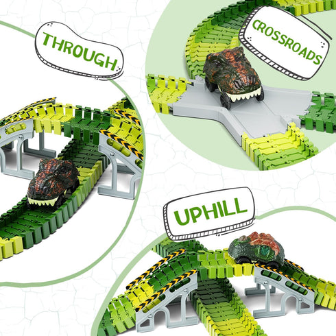 Dinosaur Toys, 252 PCS Create A Dinosaur World Road Race Tracks, Flexible Track Playset, 2pcs Dinosaur Car for 3 4 5 6