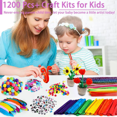 FUNZBO 1200+ Arts & Crafts Supplies for Kids - Craft Kits with Pipe Cleaners, Pom Poms, Popsicle Sticks