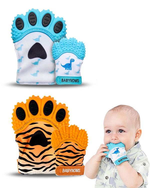 Teething Mitten 2-Pack Bundle | Dino Blue & Tiger Orange Teether Paws