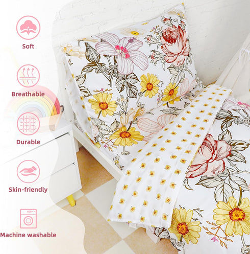 Set 4 Sets, Set Toddler Bedding for Girls, Piece Toddler Comforter Bed Ultra Soft Breathable Vintage Crib Bedding