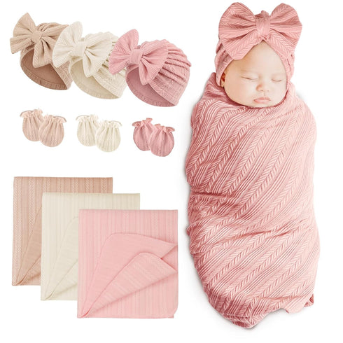 Set BQUBO Newborn Receiving Blanket Hat Mittens for Baby, Unisex Baby Boys Girls Essentials, Newborn Registry Must