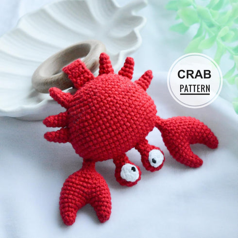 Wood Baby Rattle-Crochet Baby Rattle- Infant Rattle Sensory Development Wooden Toys Set-includes Beech Wooden Teething Ring-Crab