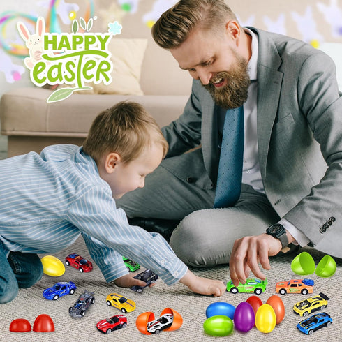 12Pack Prefilled Easter Eggs with Toys Inside, Easter Egg with Die-cast Racing Cars for Kids Basket Stuffers, Hunting
