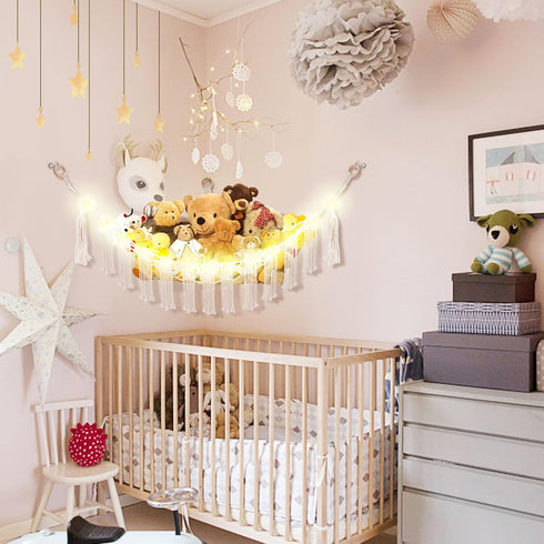Stuffed Animal Hammock with LED Light, Toy Storage for Kids Room Decor, White