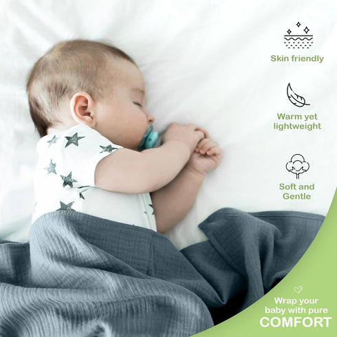 Organic Cotton Baby Muslin Blanket, Large 47x47 inches, Hypoallergenic Swaddle Blanket, Double Layer (Slate/Aquarius)