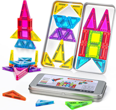 Jollynamy Mini Magnetic Tiles with Iron Box for Kids Ages 3-5,Travel Magnet Mini