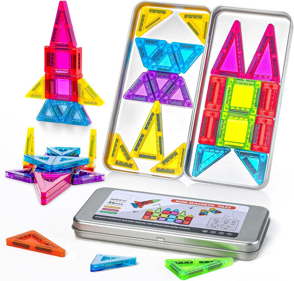 Jollynamy Mini Magnetic Tiles with Iron Box for Kids Ages 3-5,Travel Magnet Mini