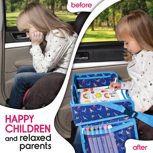 Car Seat Tray for Toddler - Waterproof Kids Travel Table Top - Road Trip Essentials - Lap Desk with Storage (Blue)