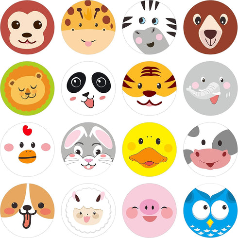 600 Pcs Adorable Round Face Animal Stickers in 16 Designs for Kids Party Favor (1.5" Diameter Each)